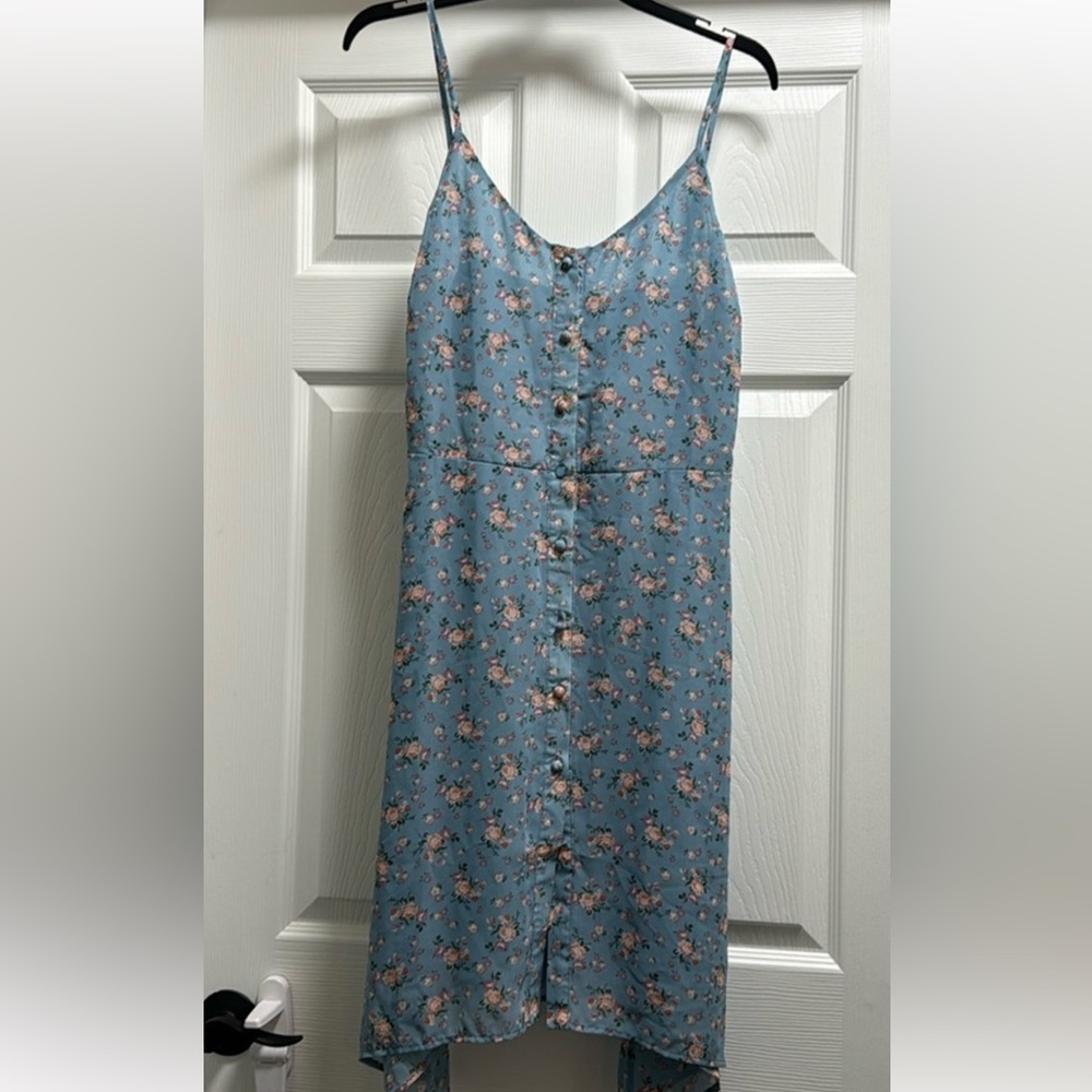 Dress button-down thin spaghetti straps blue floral patter purple orange NWT L